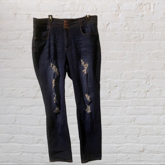 Stretchy Dark denim Distress straight legged jeans - Picture 5 of 5